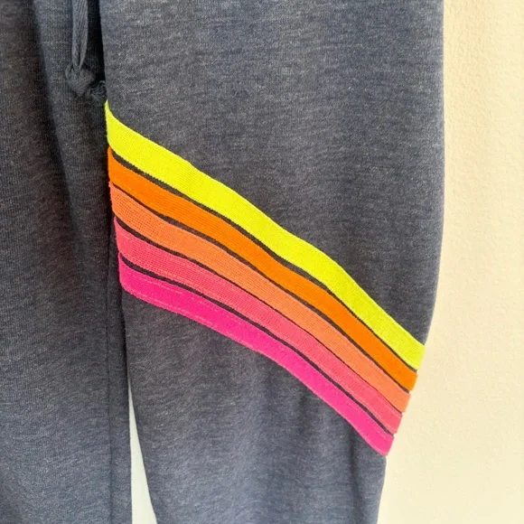 Aviator Nation 5 Stripe Sweatpants Diagonal Joggers Navy Rainbow Neon Size Small - Picture 4 of 6